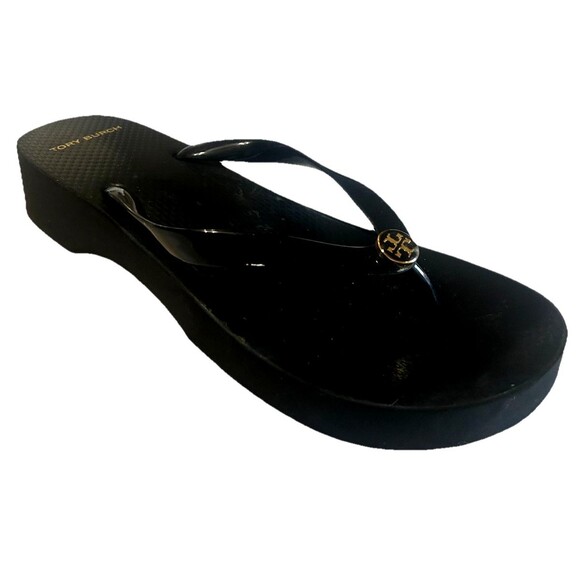 TORY BURCH Wedge Platform Gold Logo Flip Flops Black Women Sandals Size US 9? - Picture 1 of 13